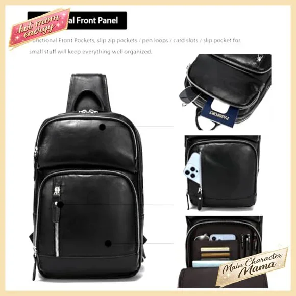 Full Grain Leather Sling Bag Fits 12.9 iPad Crossbody Daypack